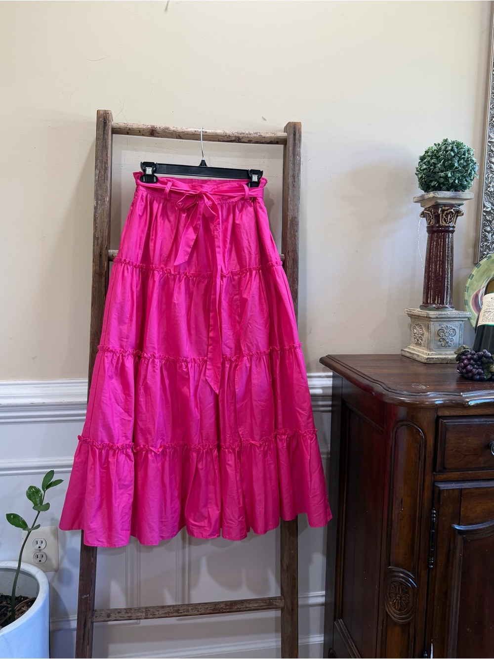 Jason WU Bright Pink Tiered Midi Skirt with Tie Waist